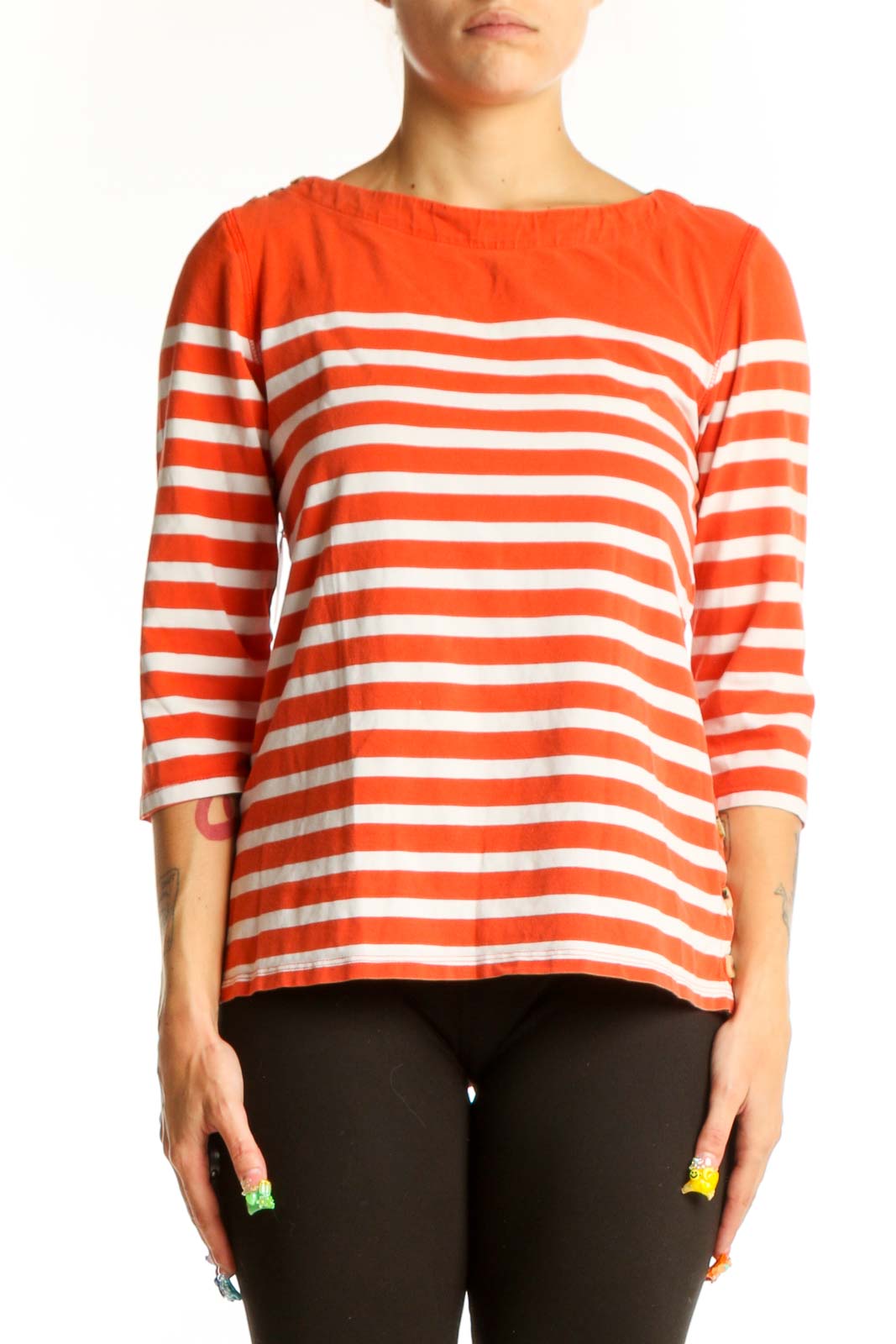 Orange Striped Cotton Blend Top Front