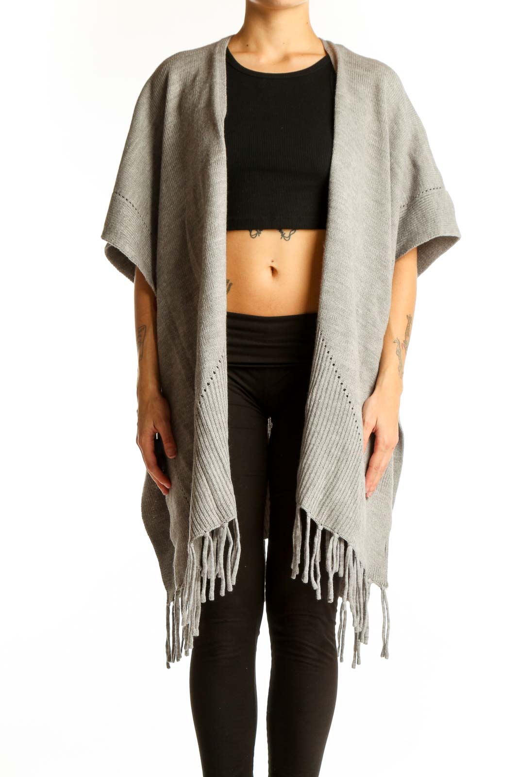 Gray Fringed Acrylic Knit Poncho Front