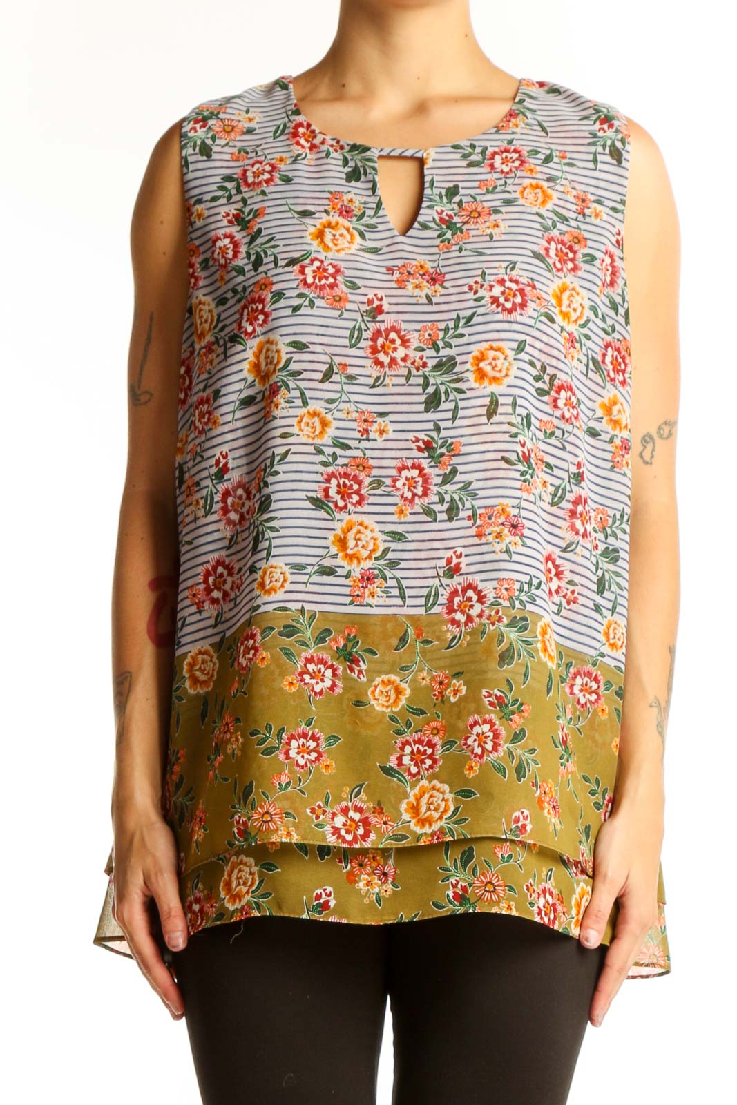 Multicolor Floral Striped Sleeveless Blouse Front