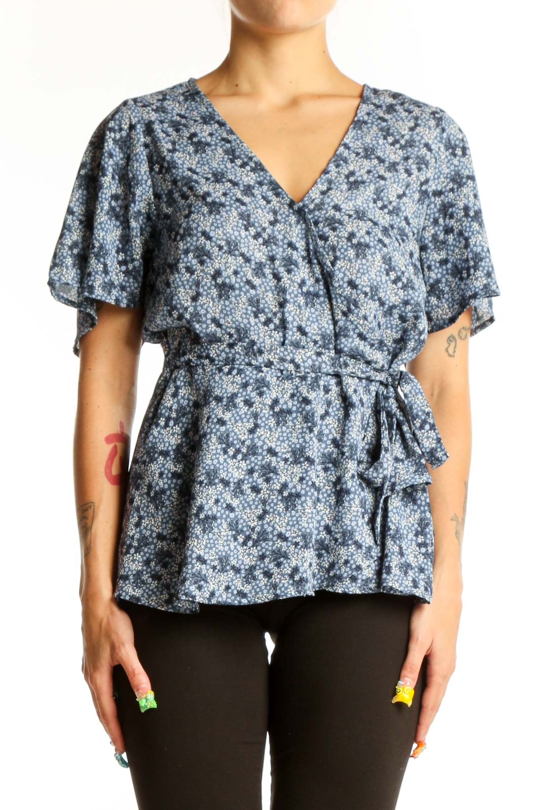 Blue Floral Wrap Peplum Top Front