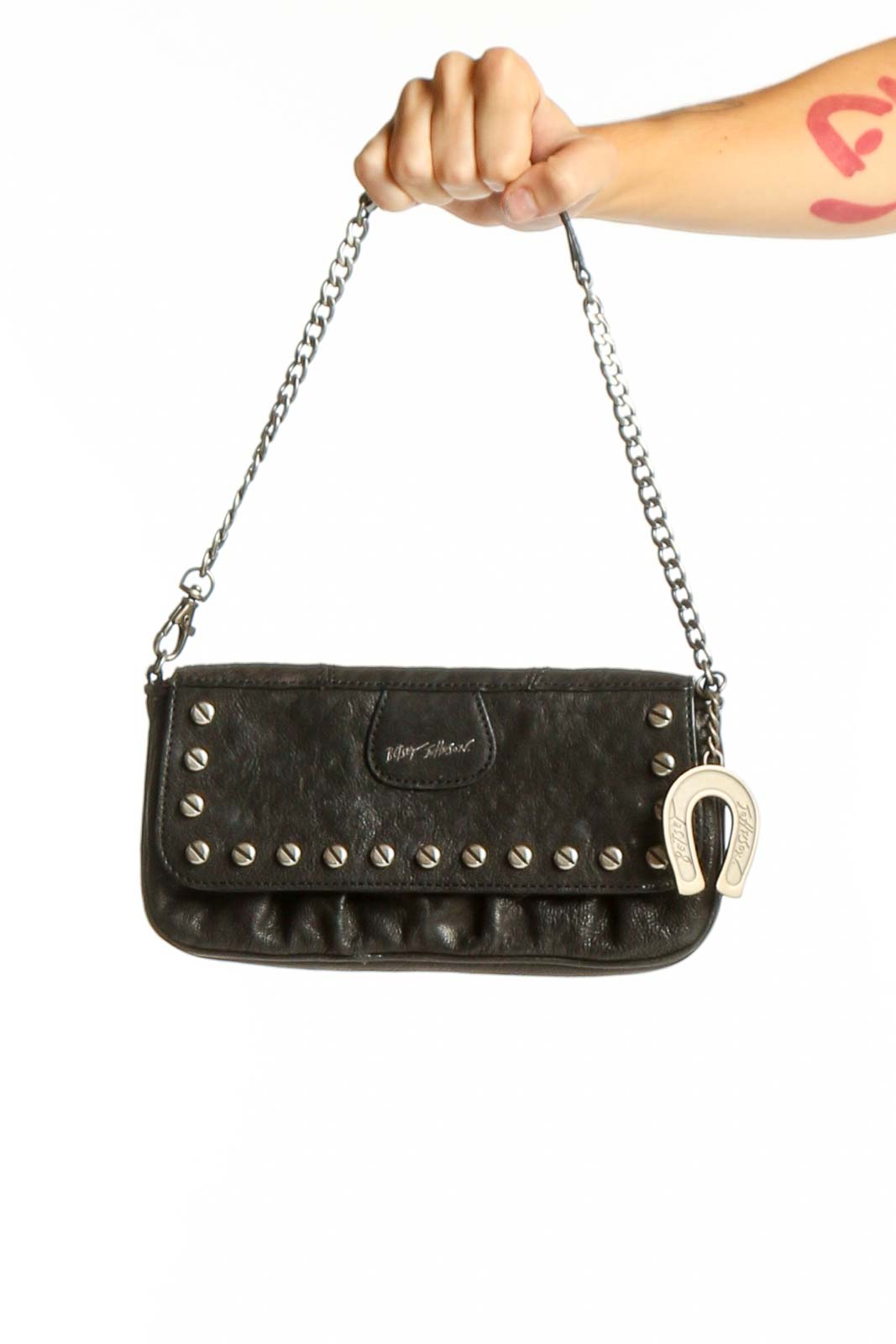 Black Studded Chain Strap Clutch Front