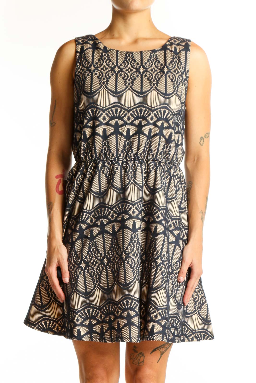 Beige Lace Pattern Sleeveless Dress Front