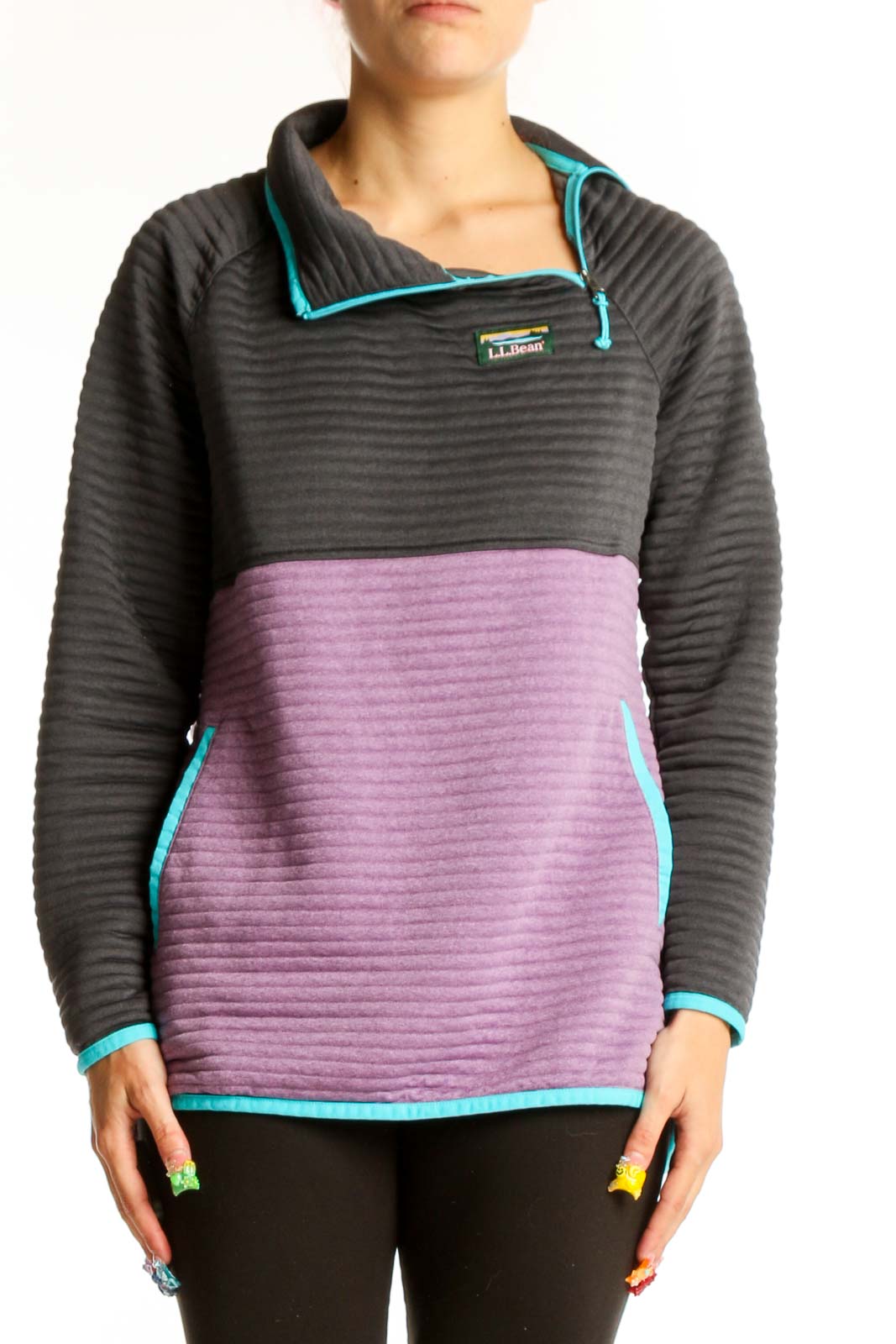 Gray and Purple Colorblock Fleece Pullover Front