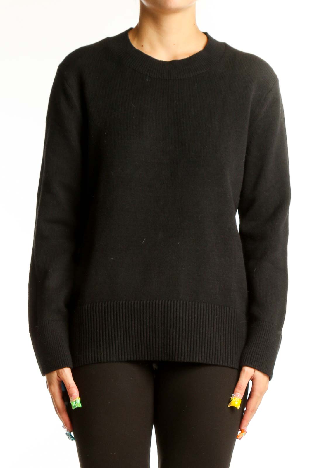 Black Cotton-Blend Crewneck Sweater Front