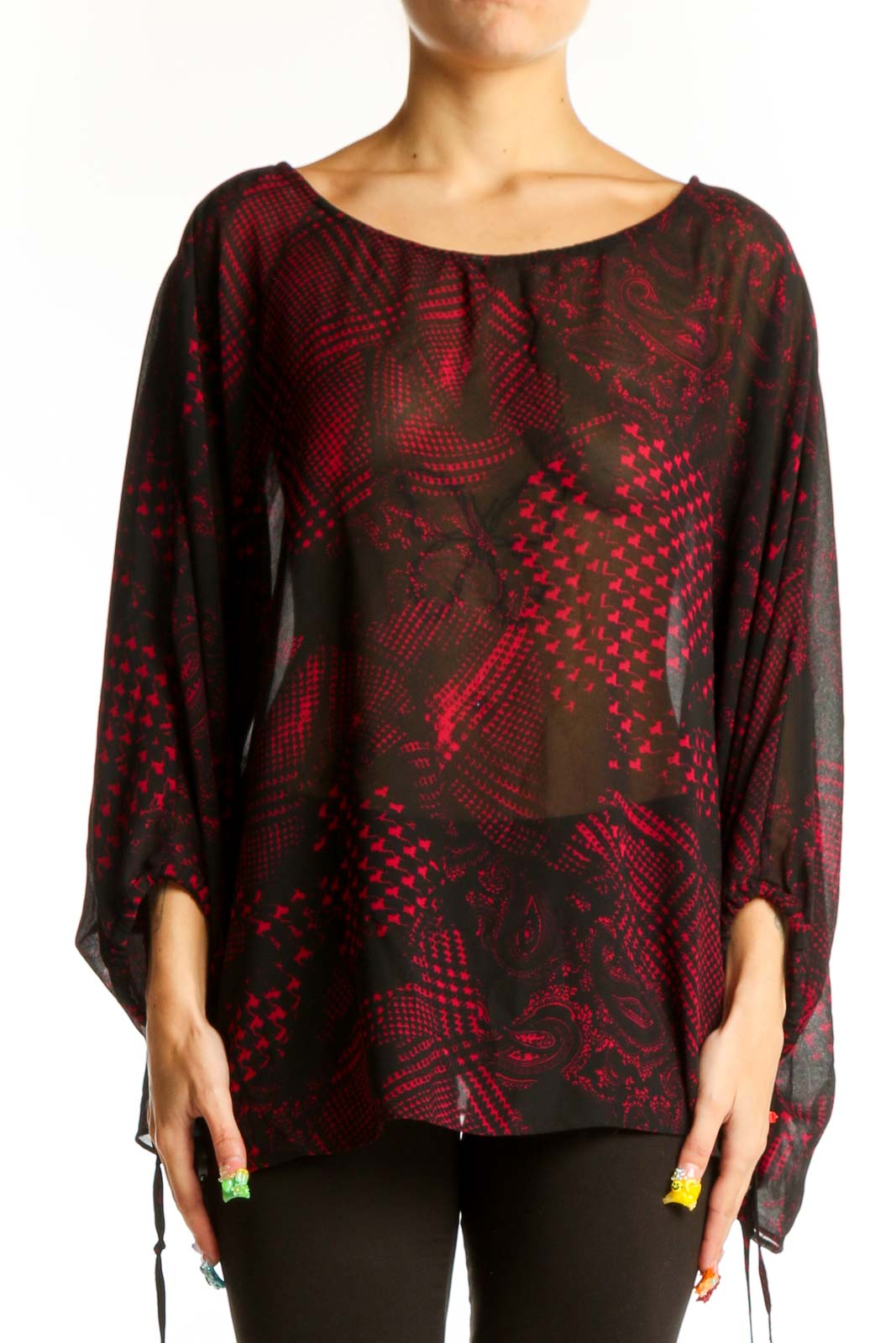 Red and Black Patterned Sheer Blouse Front