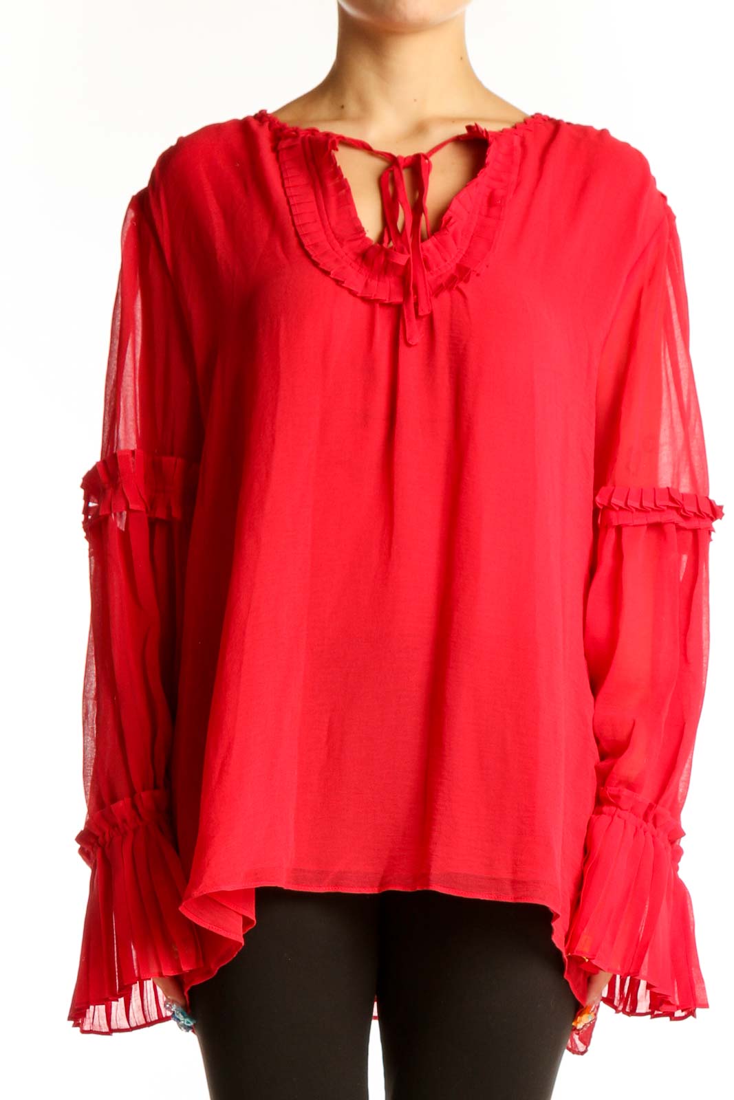 Red Flowy Ruffle-Trim Blouse Front