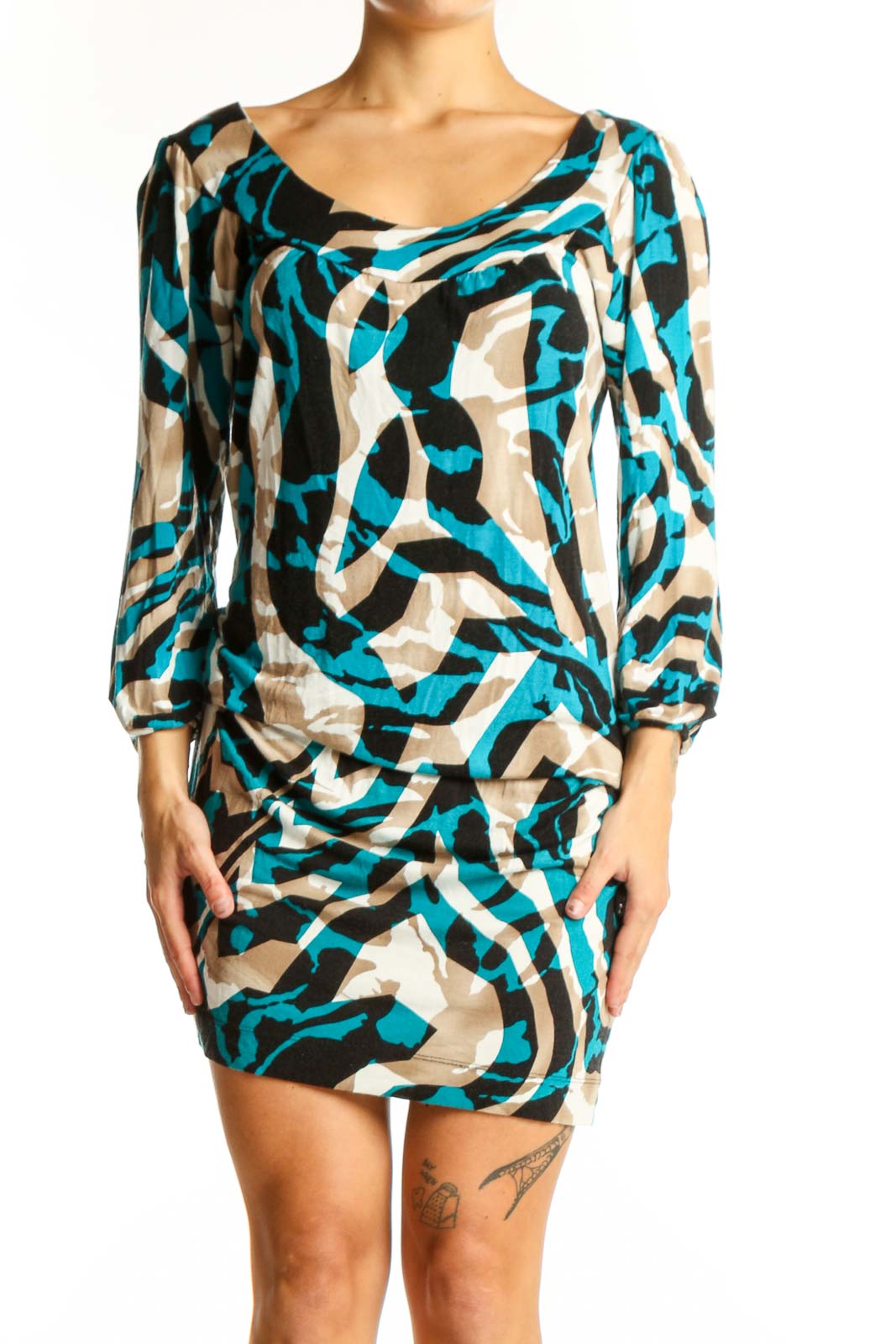 Teal Abstract Print Bodycon Dress Front