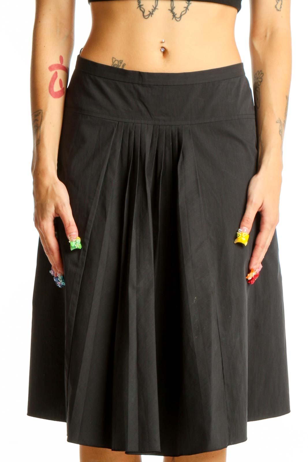 Black Pleated Cotton-Blend Midi Skirt Front