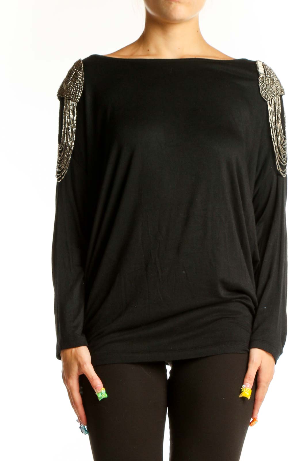 Black Embellished Shoulder Dolman Top Front