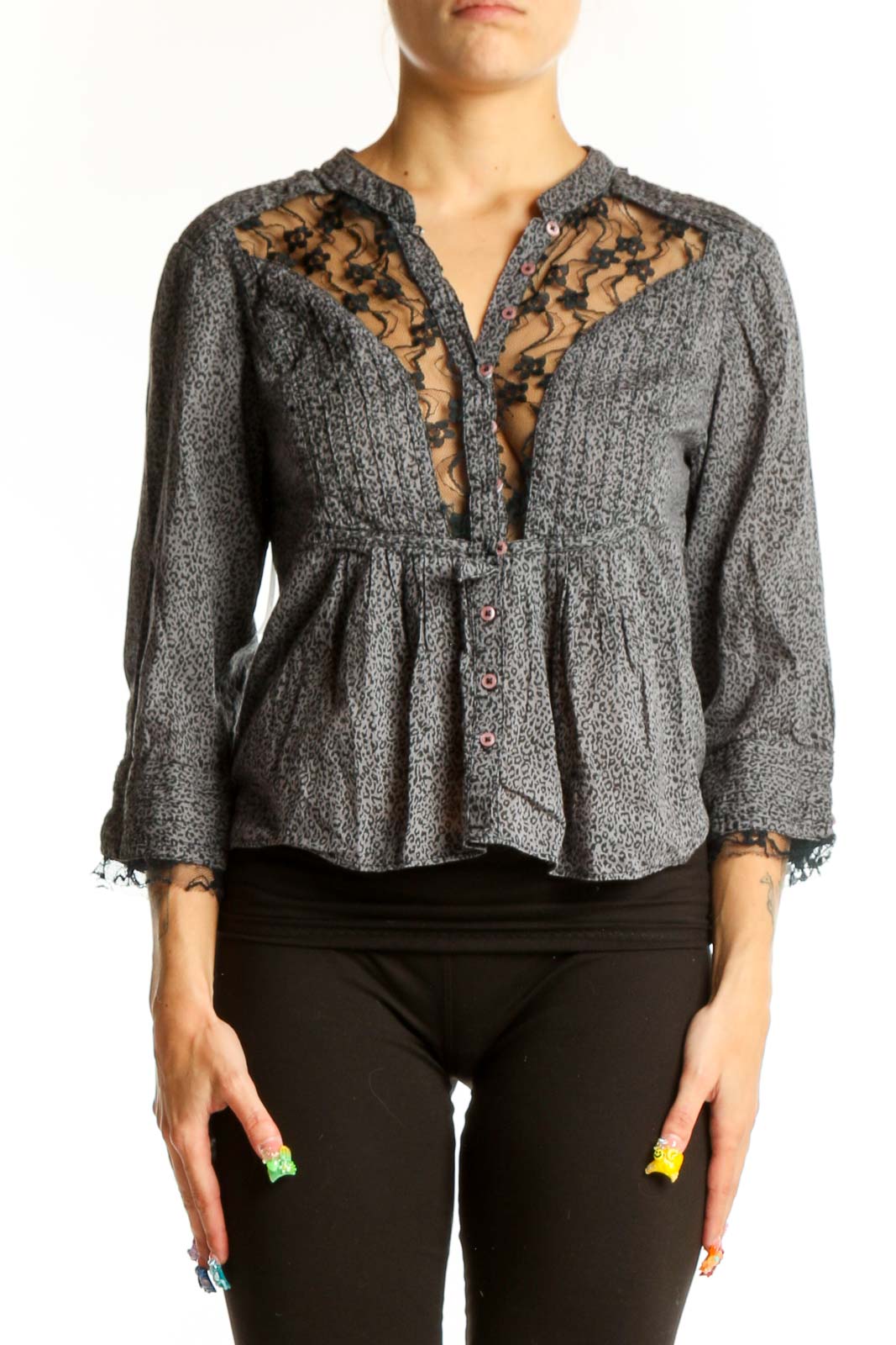 Gray Lace-Trimmed Peplum Blouse Front