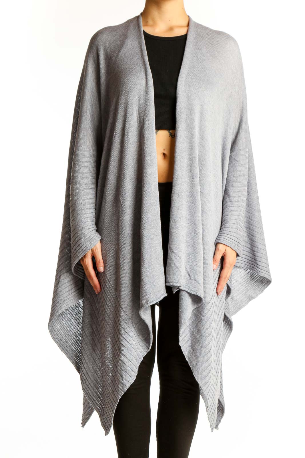 Gray Oversized Knit Poncho Wrap Front