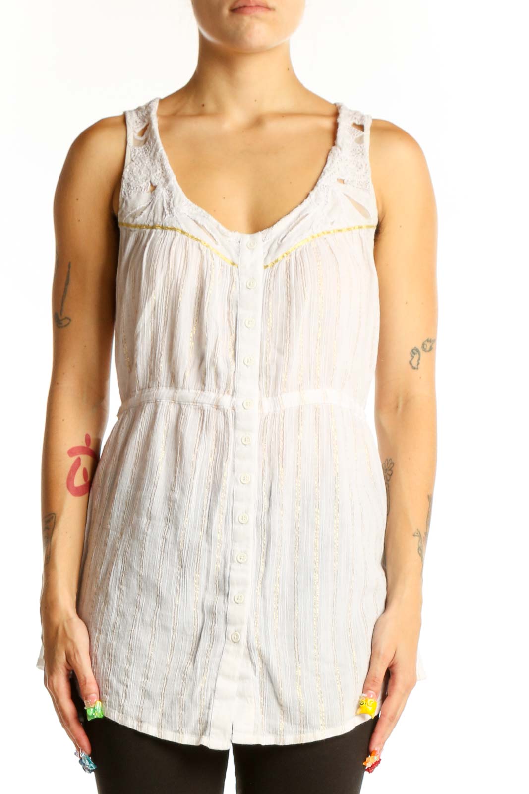 White Cotton Metallic Sleeveless Button-Down Top Front
