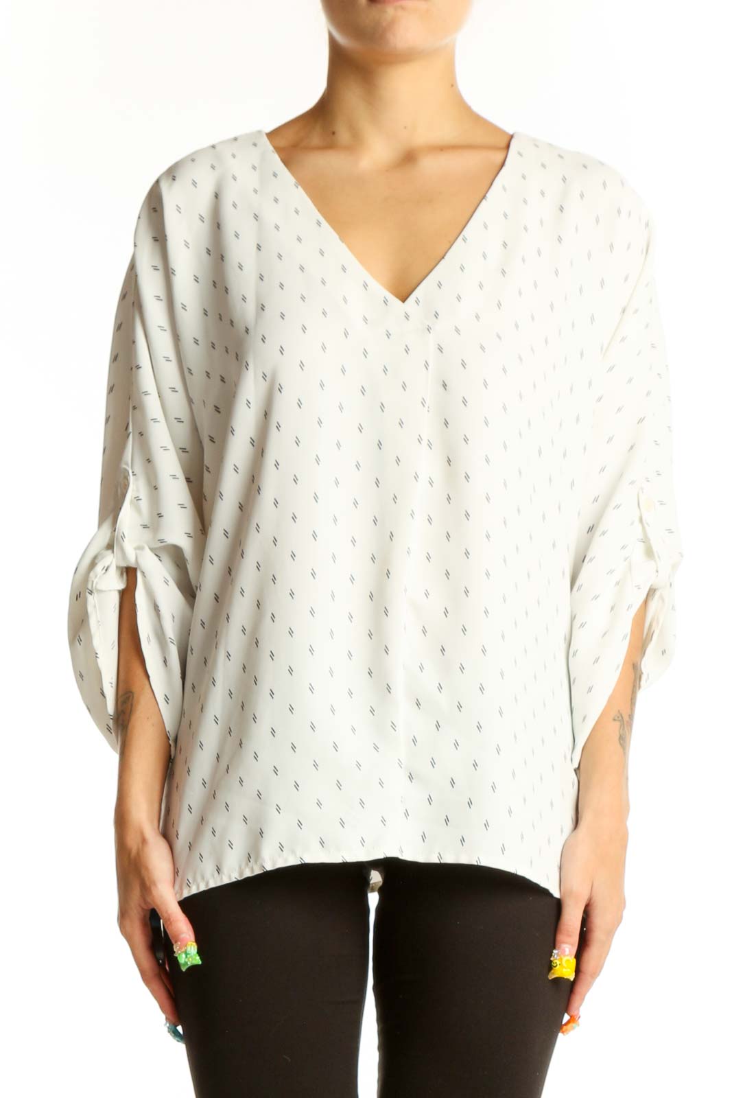 White Dotted V-Neck Blouse with Tie Sleeves Front