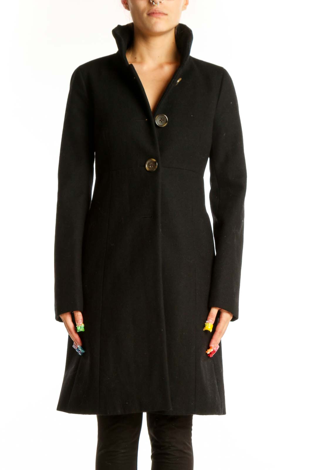 Black Wool Blend Long Coat Front