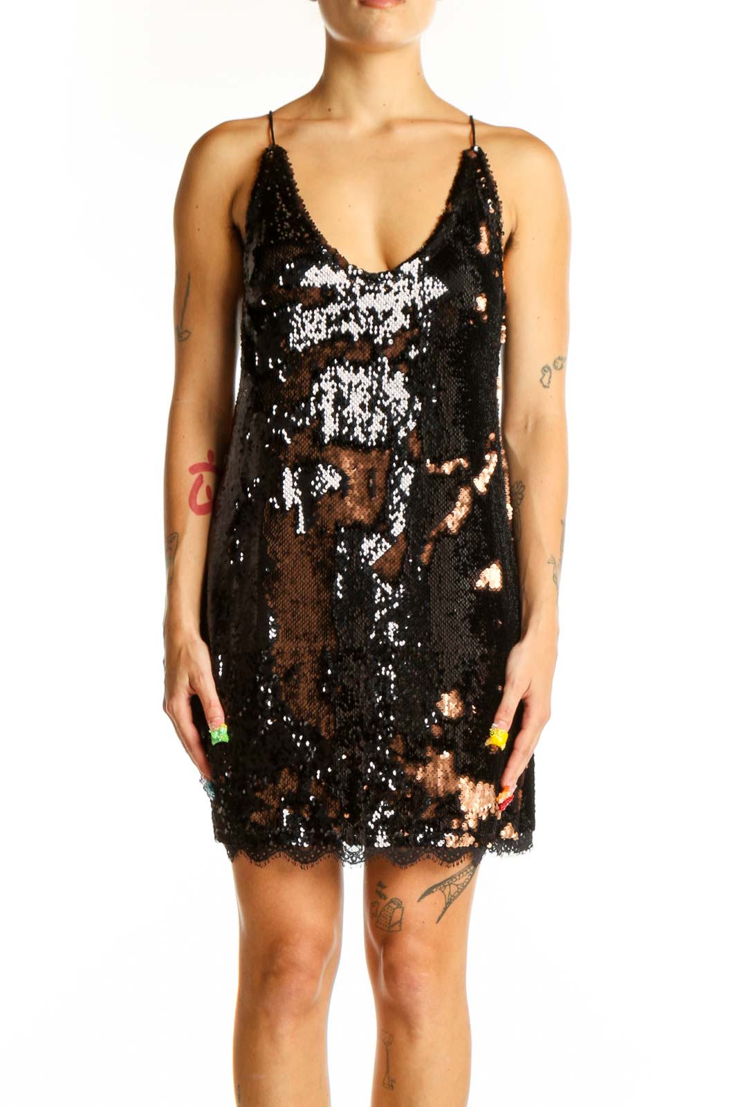 Black Sequin Lace Slip Dress Front