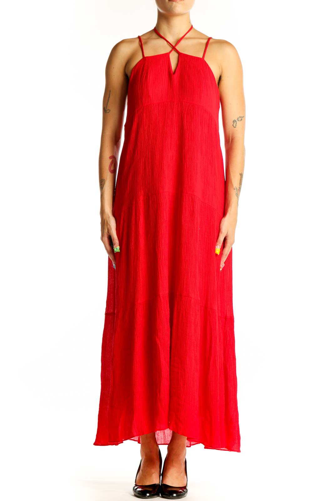 Red Flowy Halter Maxi Dress Front