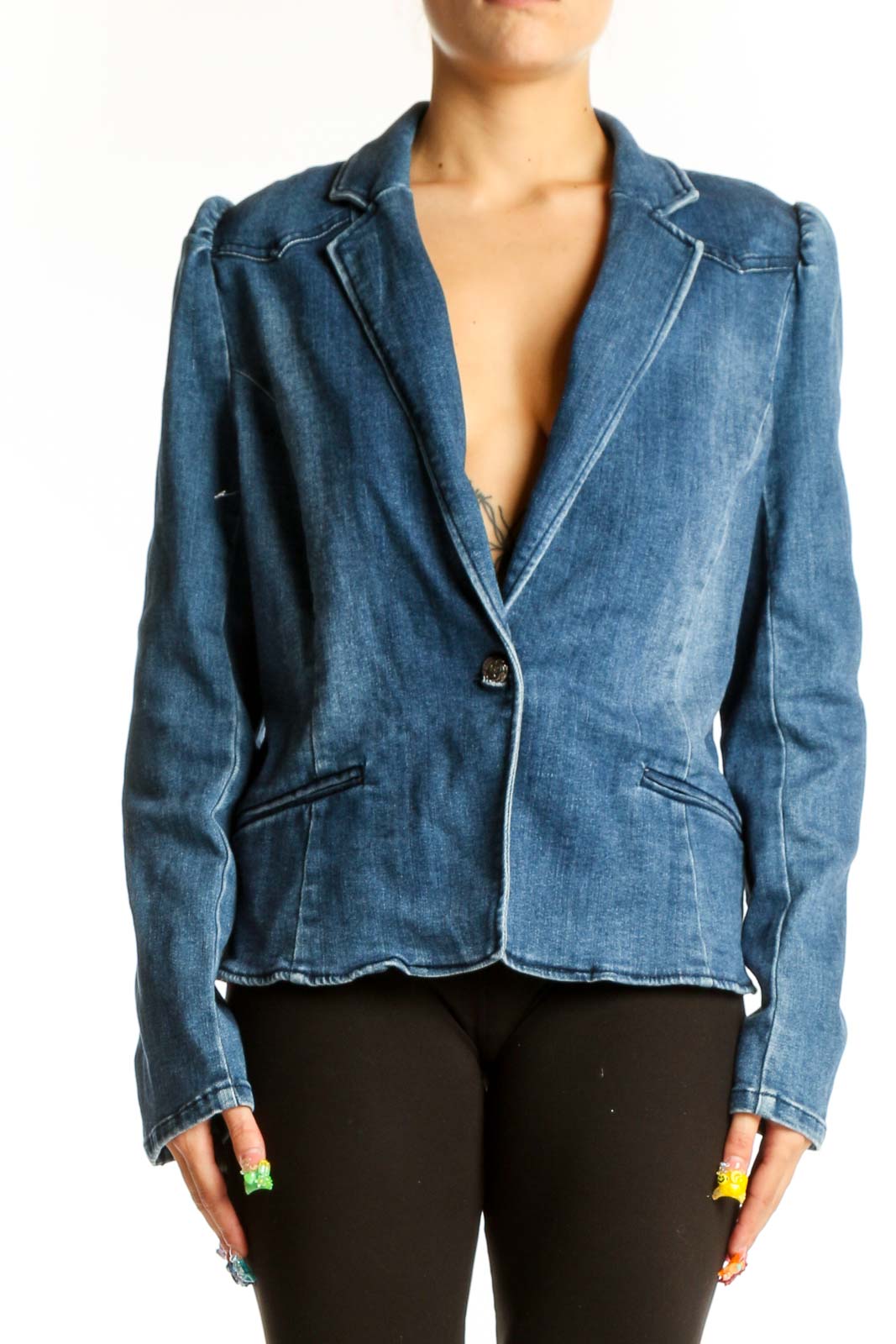Blue Denim Blazer Jacket Front