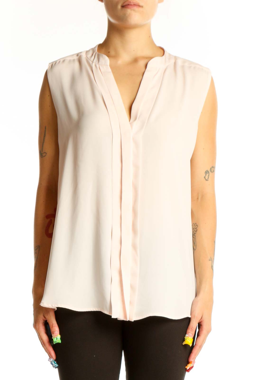 Blush Sleeveless V-Neck Flowy Blouse Front