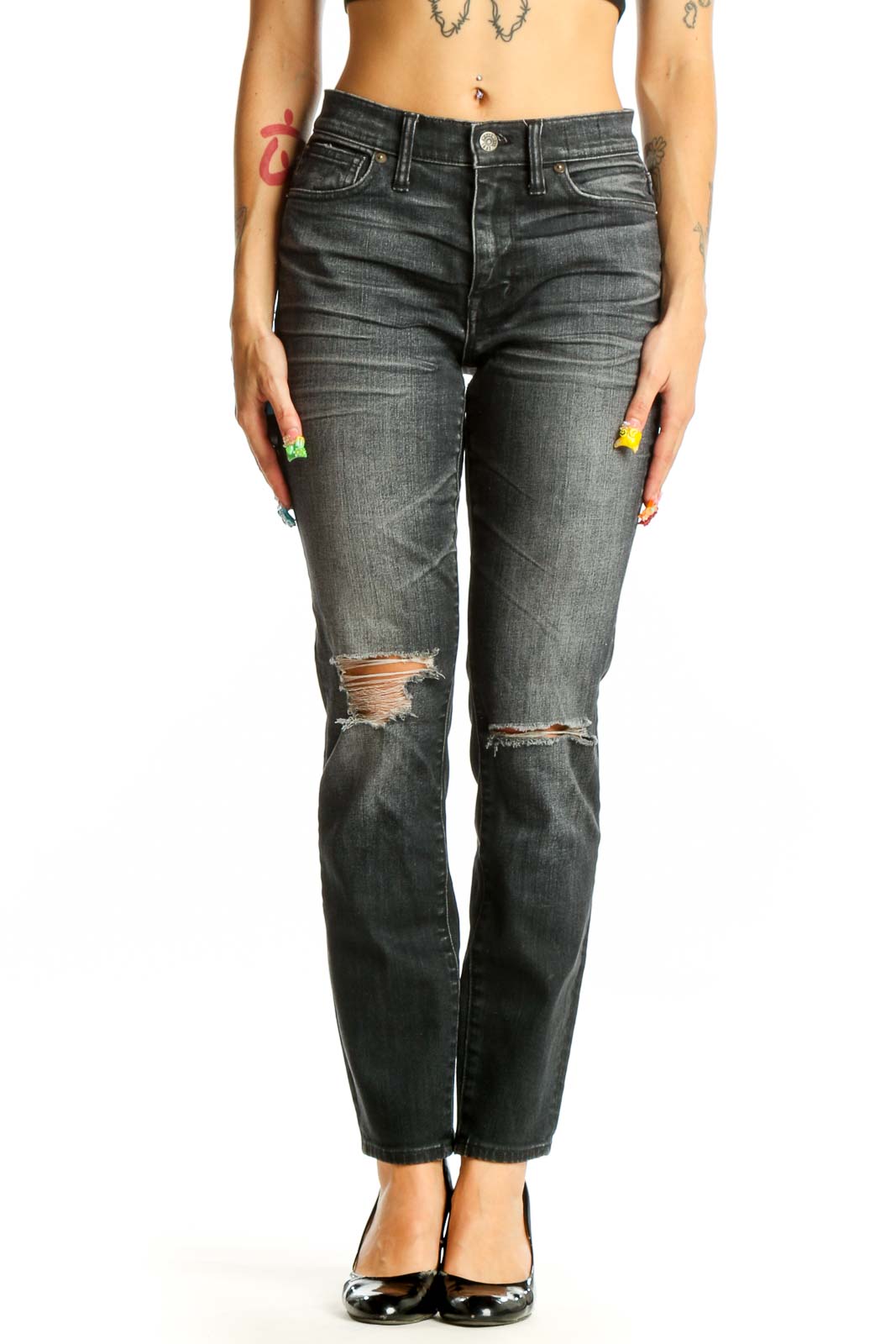 Charcoal Distressed Straight Leg Jeans Front