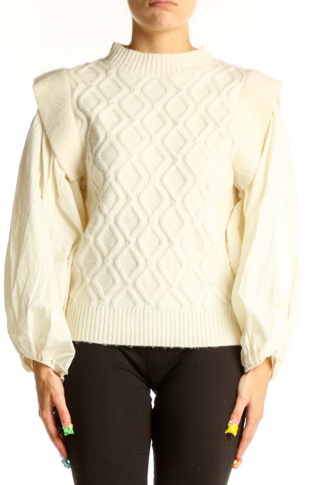Cream Cable Knit Sweater with Puff Sleeves Front
