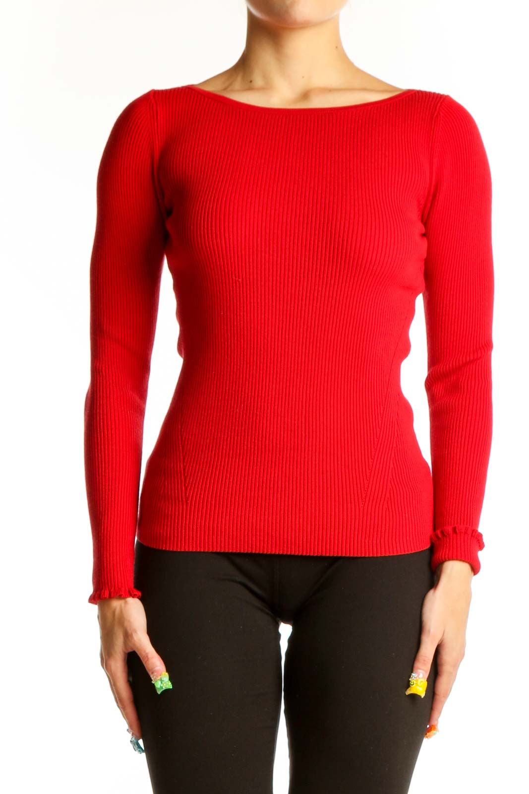 Red Ribbed Fitted Long Sleeve Top Front