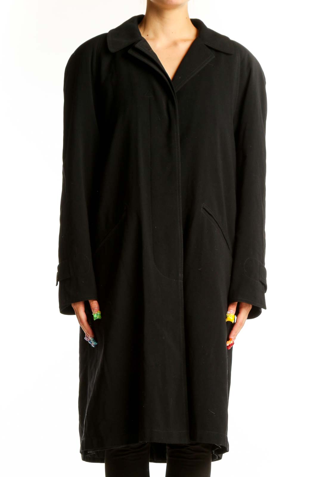 Black Wool Blend Long Coat Front