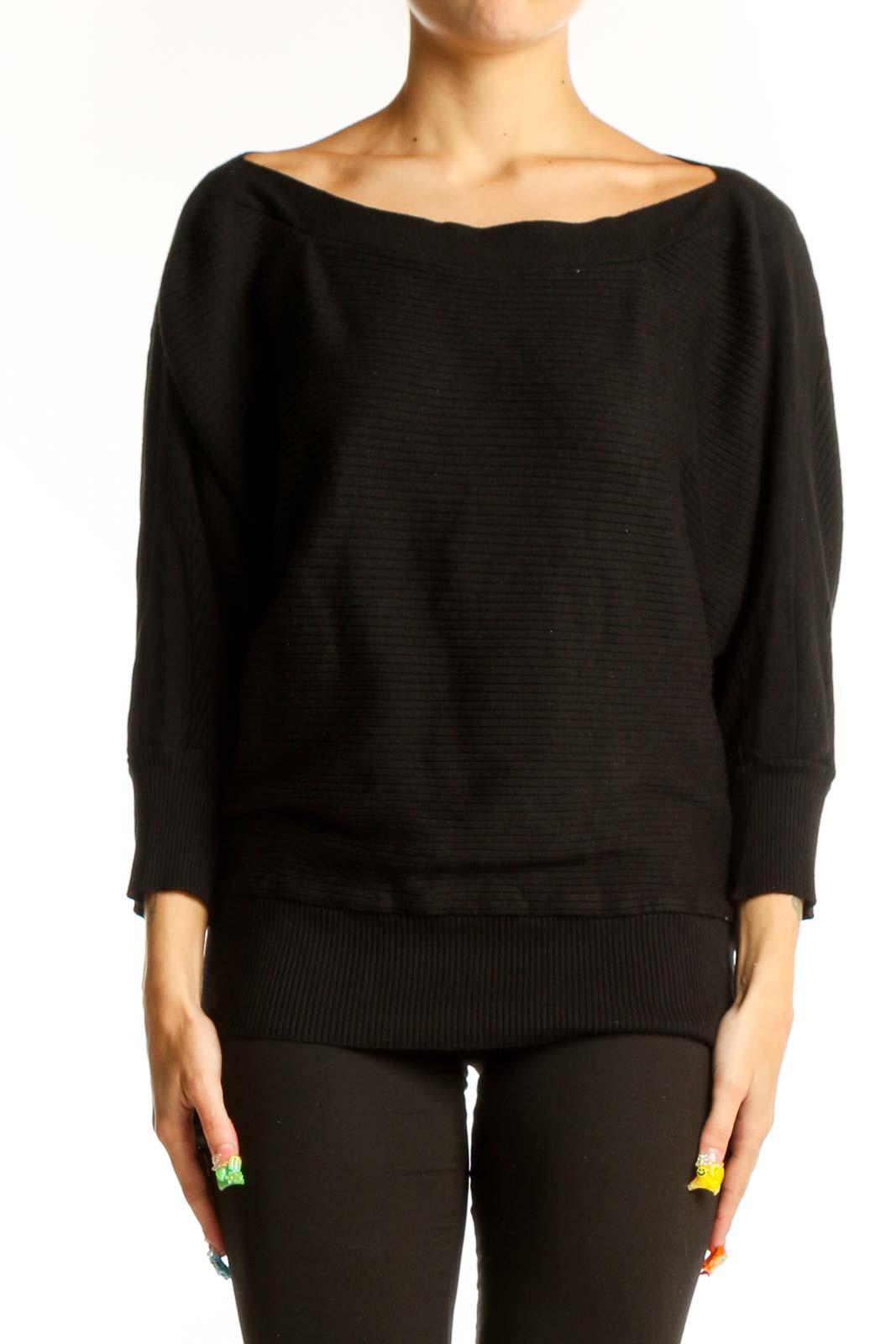 Black Ribbed Batwing Sleeve Sweater Front