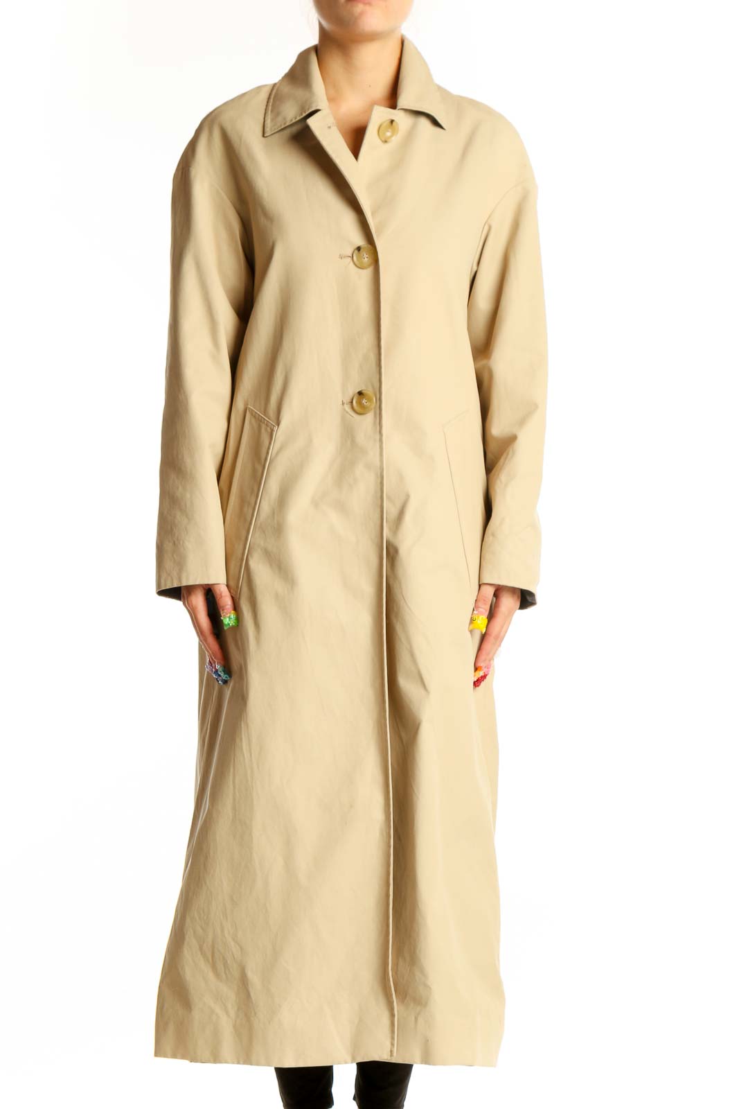 Beige Long Button-Up Coat Front