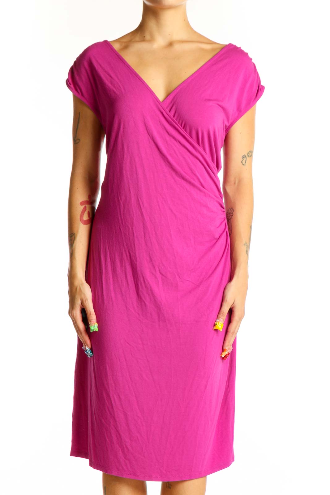 Fuchsia Wrap-Style Midi Dress Front