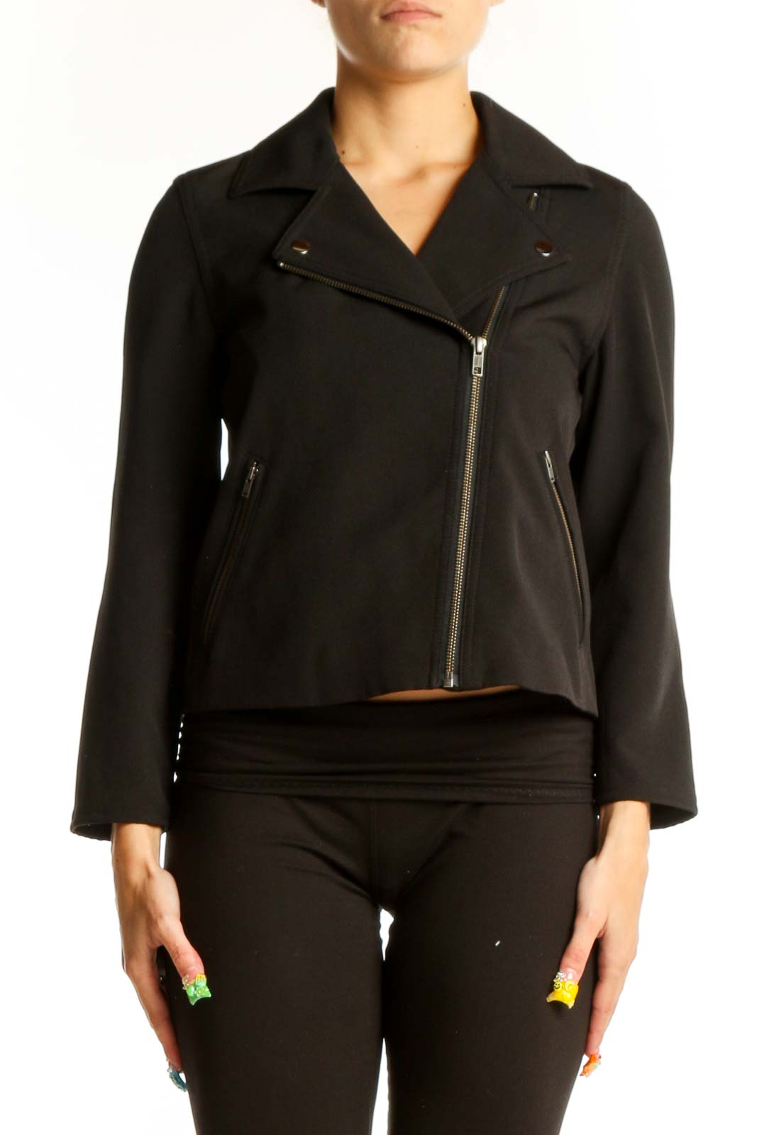 Black Polyester Moto Jacket Front