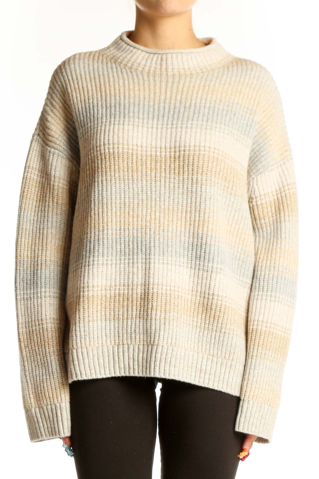 Beige Striped Oversized Knit Sweater Front