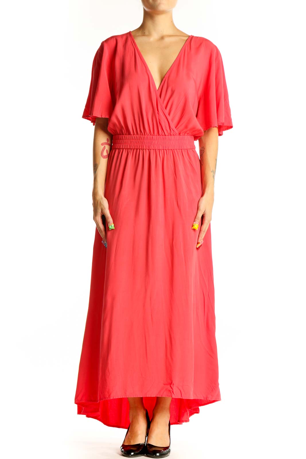 Coral Flowy Maxi Dress with Flutter Sleeves Front