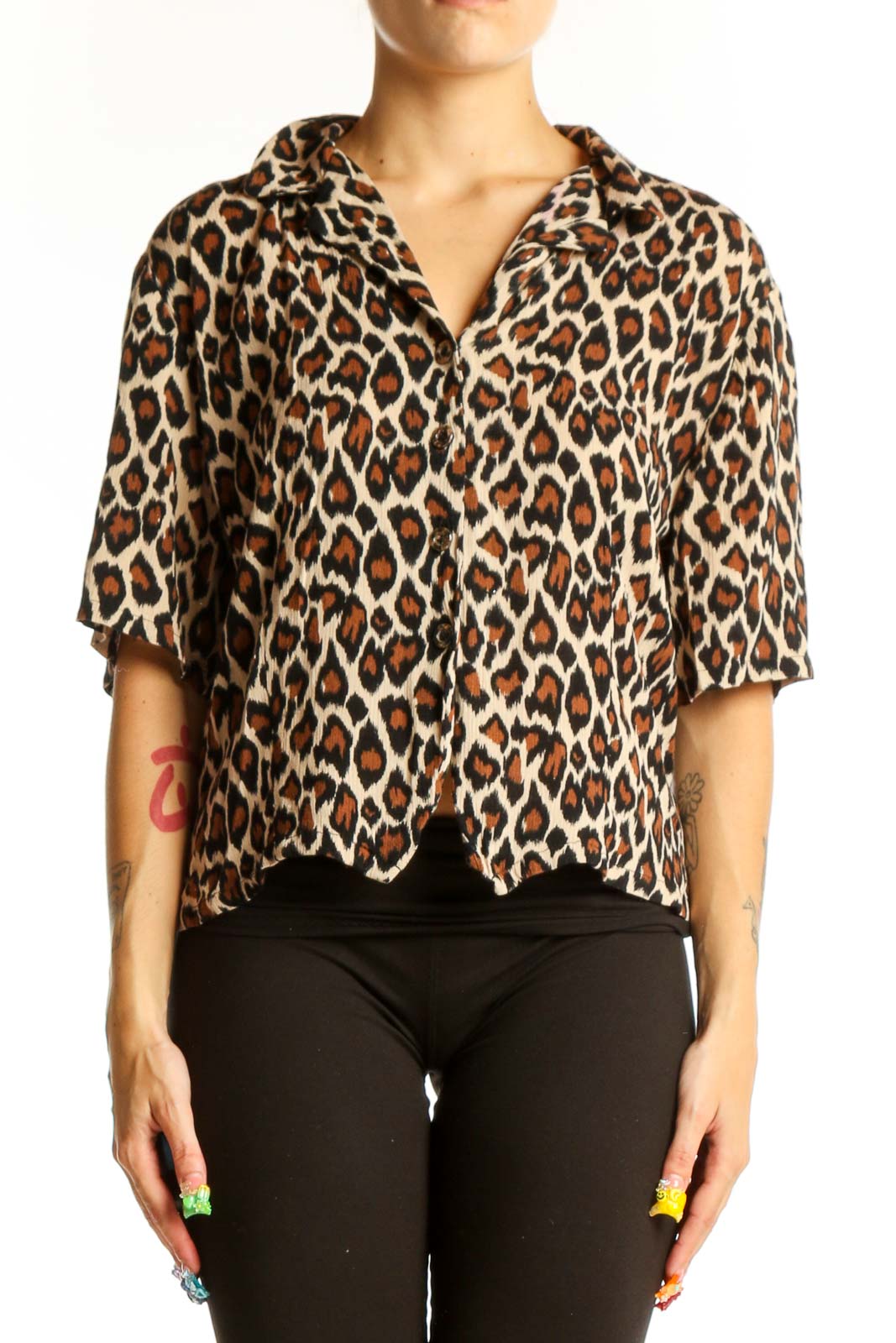 Leopard Print Rayon Short-Sleeve Blouse Front
