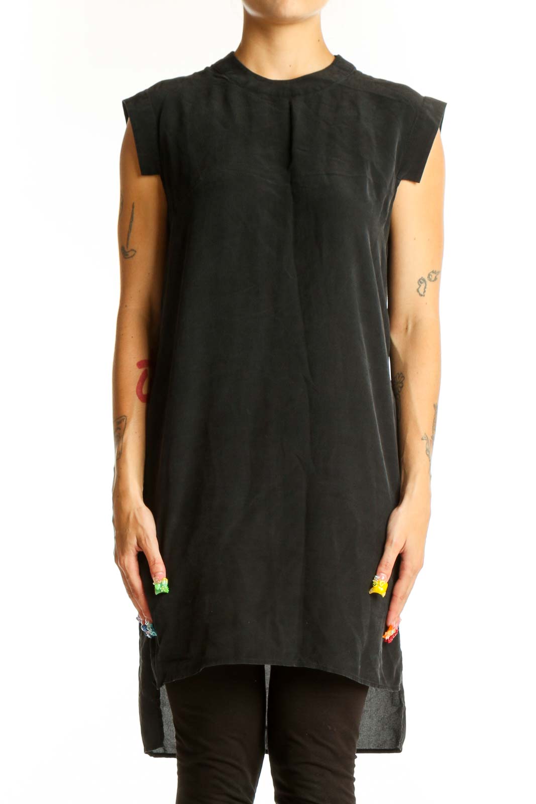 Black Silk Sleeveless High-Low Tunic Front