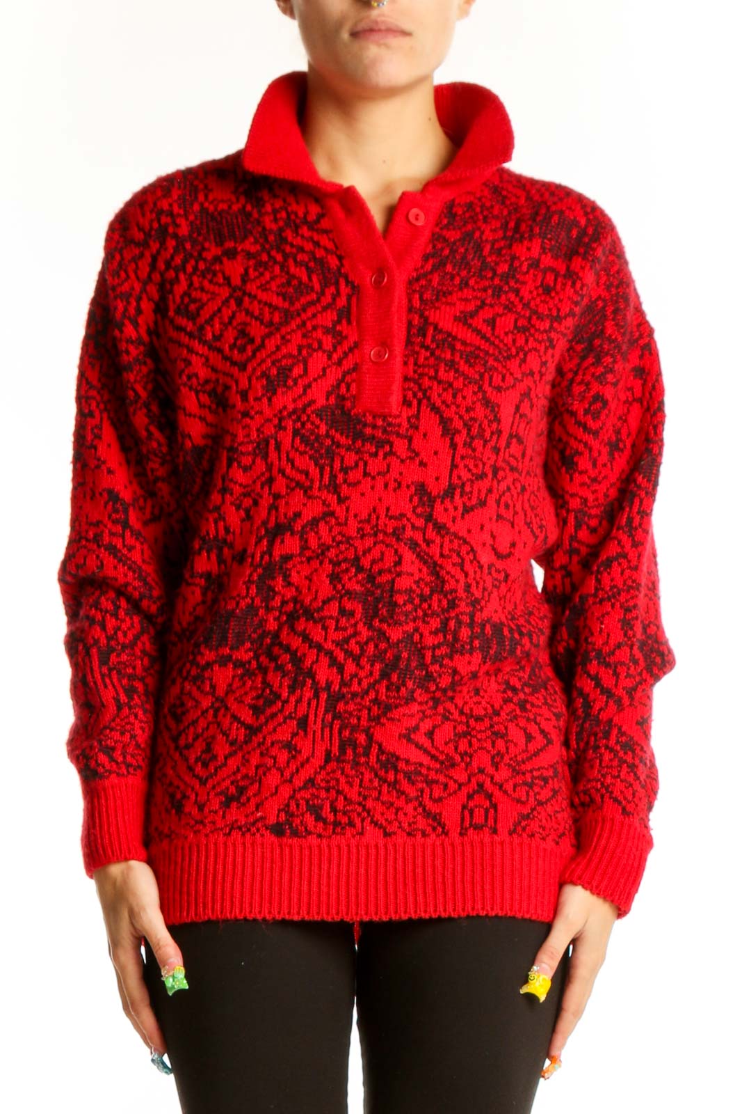 Red Geometric Pattern Knit Sweater Front