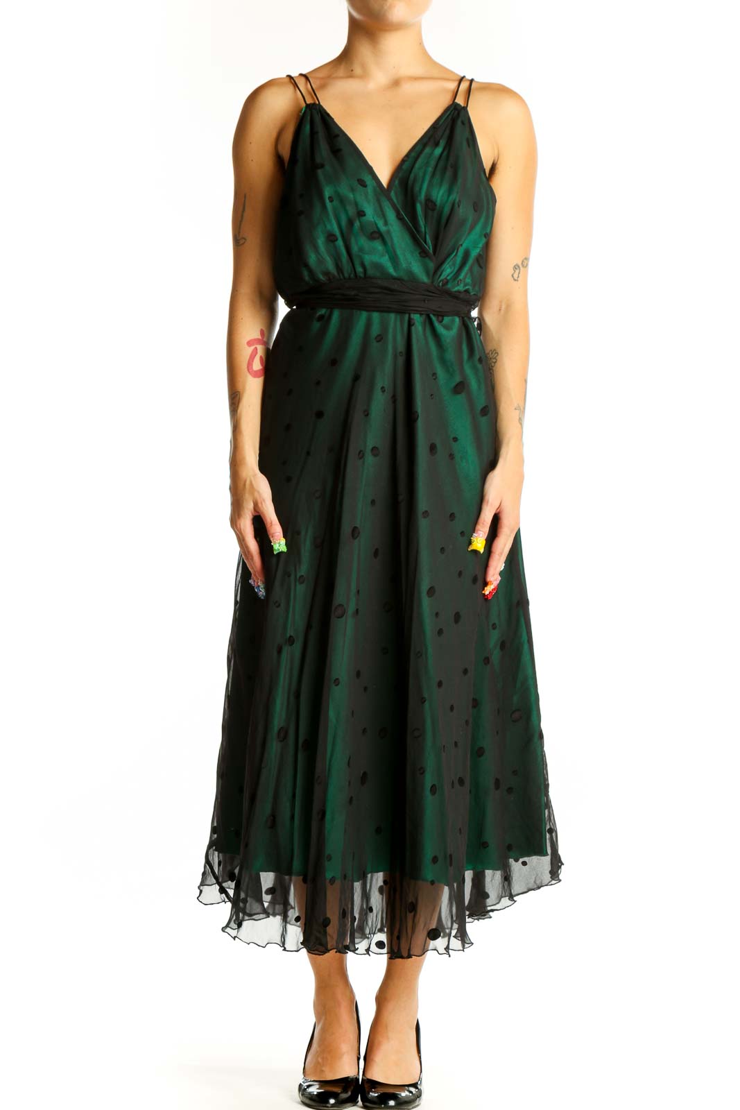 Emerald Polka Dot Midi Dress Front