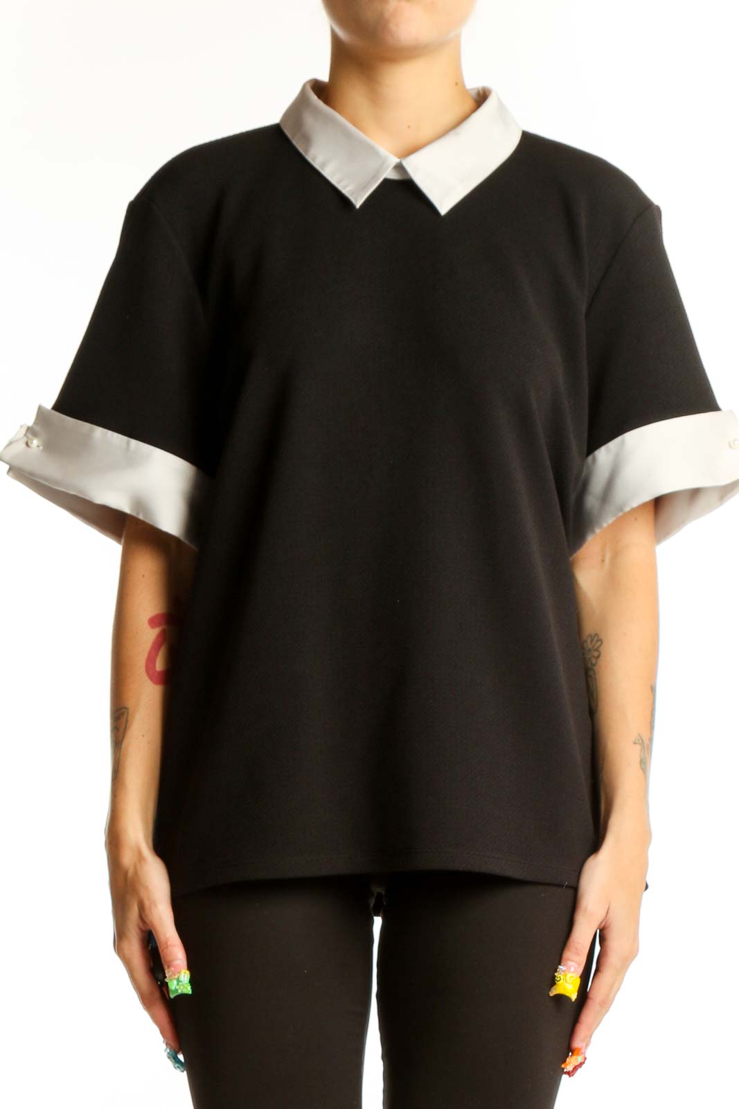 Black Collared Short-Sleeve Blouse Front