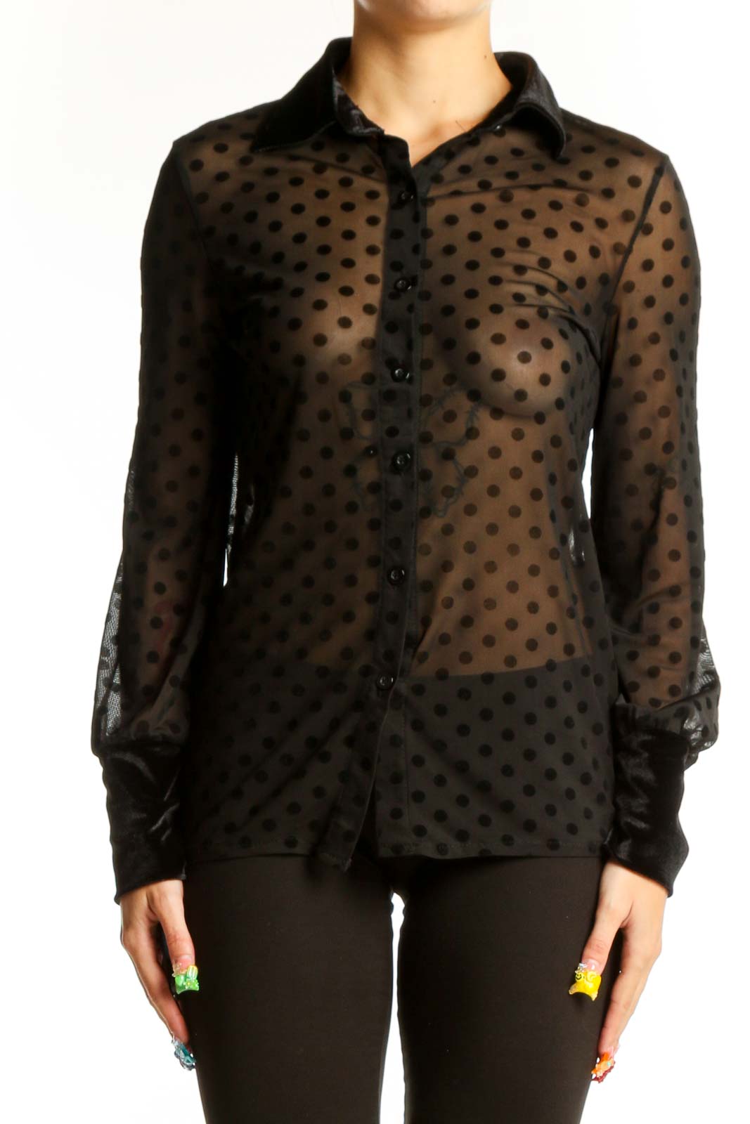 Black Sheer Polka Dot Button-Up Blouse Front