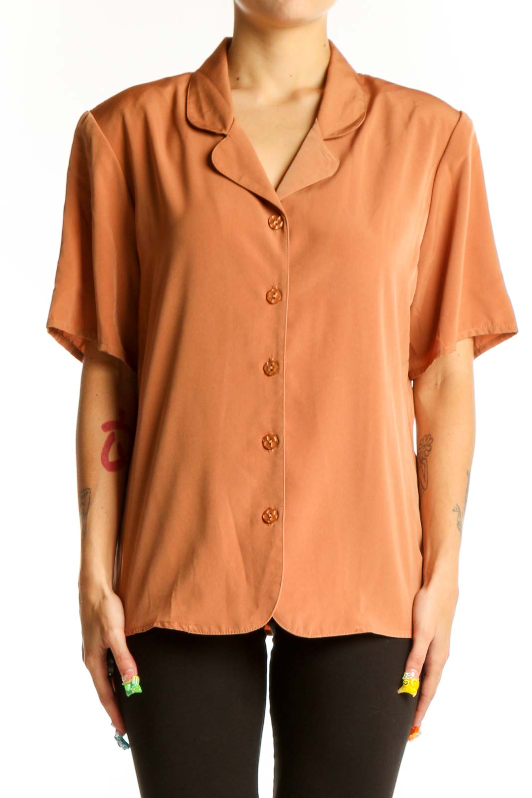 Terracotta Button-Up Short Sleeve Blouse Front
