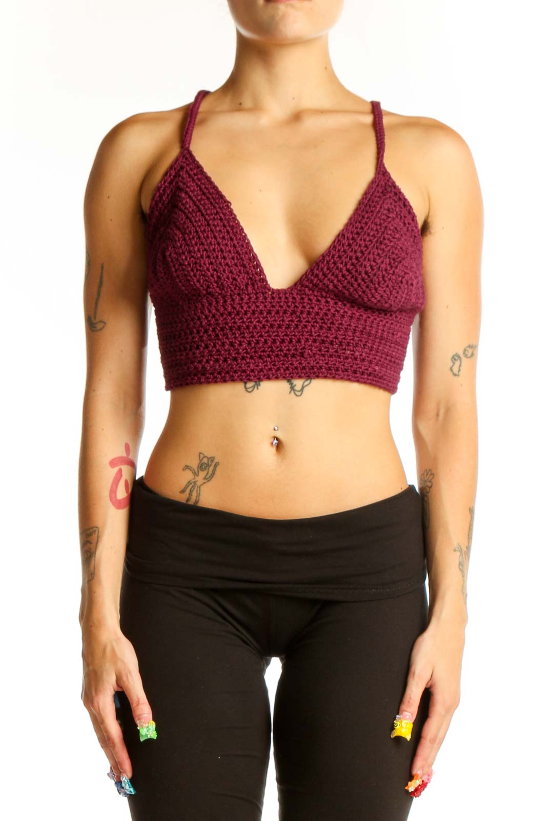 Burgundy Crochet Crop Top Front