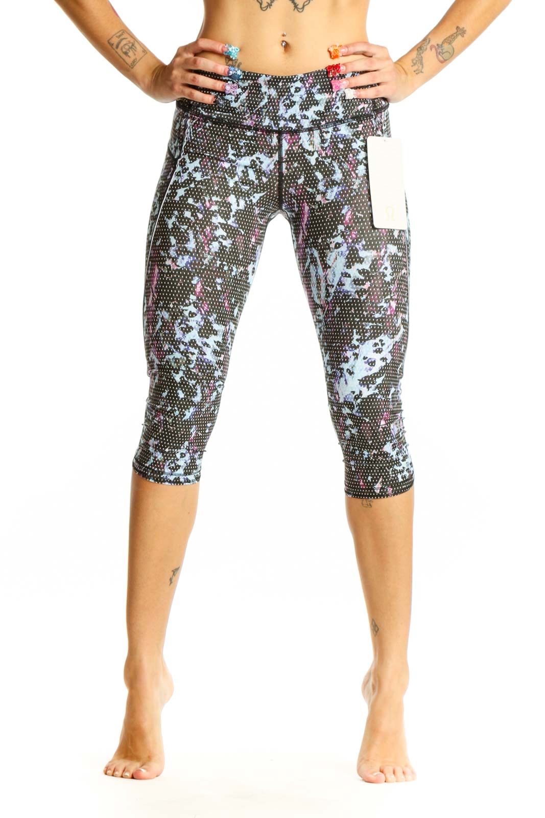Blue Floral Print Capri Leggings Front