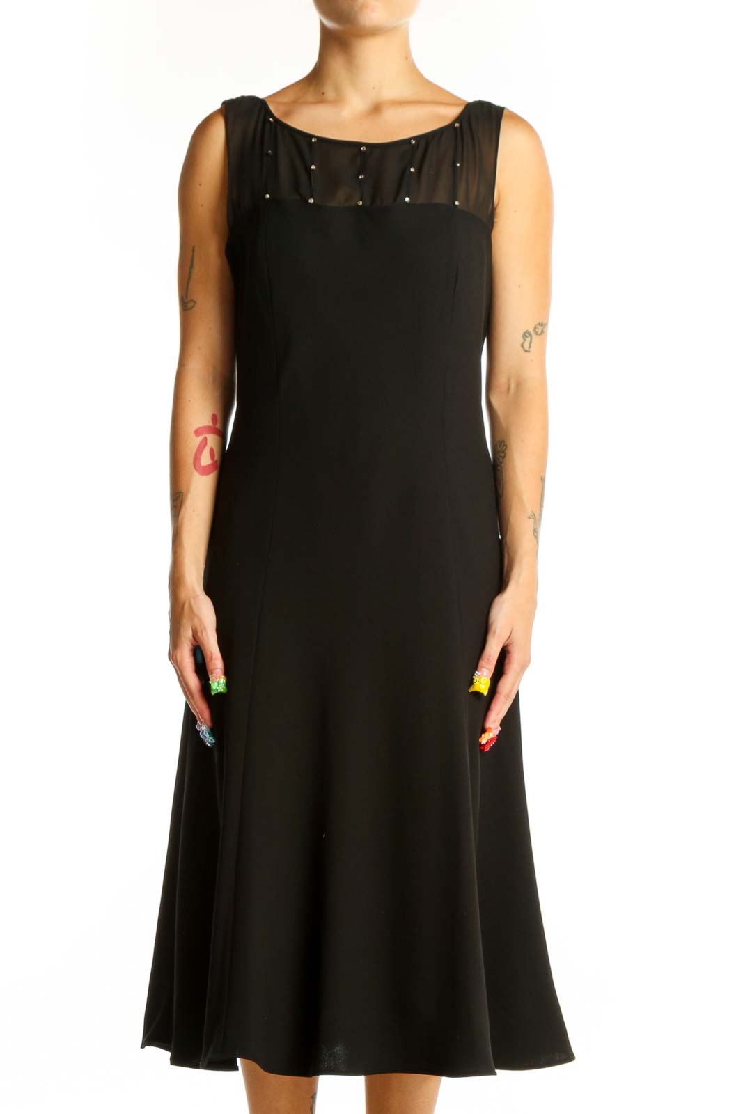 Black Elegant Midi Dress with Sheer Neckline Front
