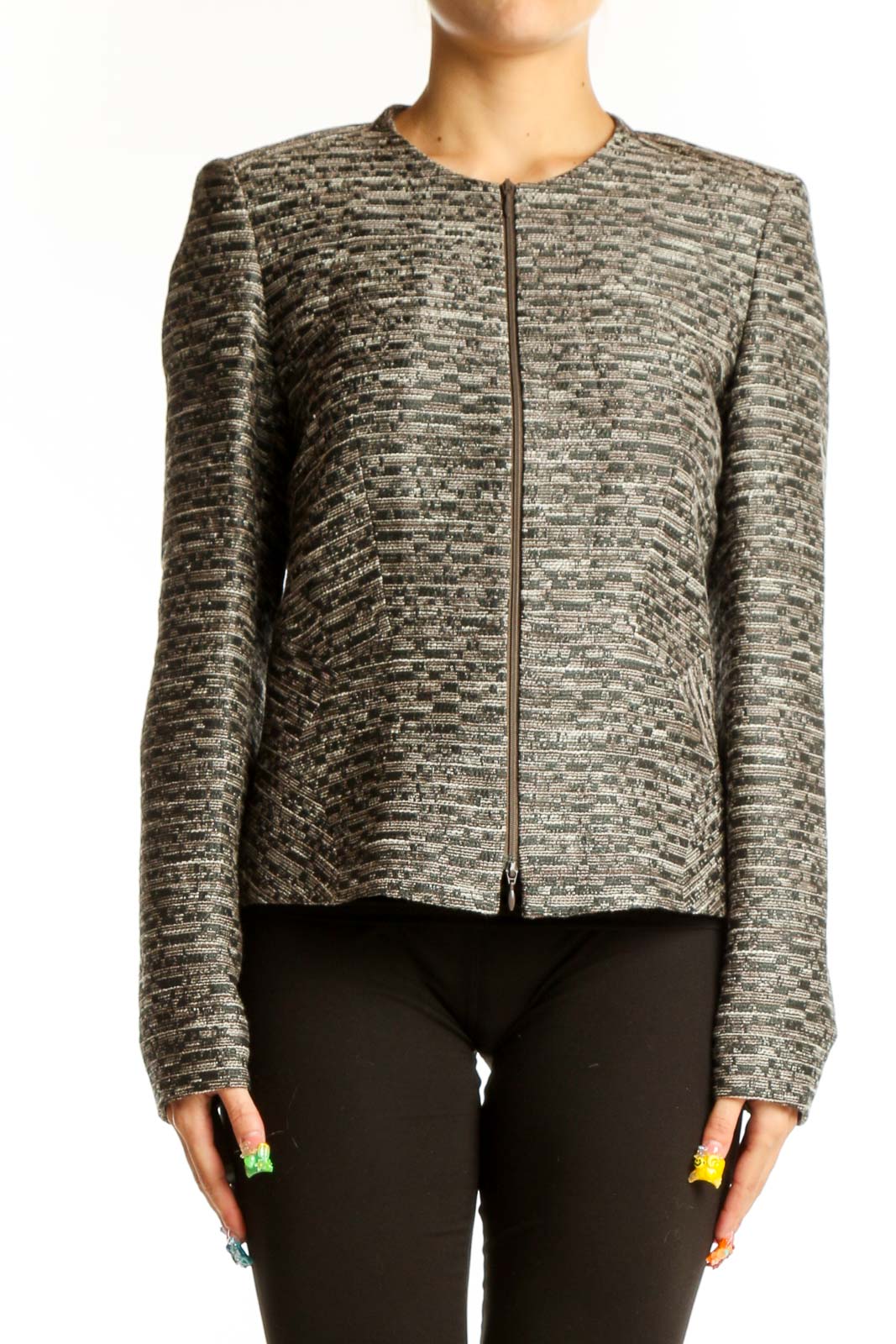 Gray Textured Zip-Front Jacket Front