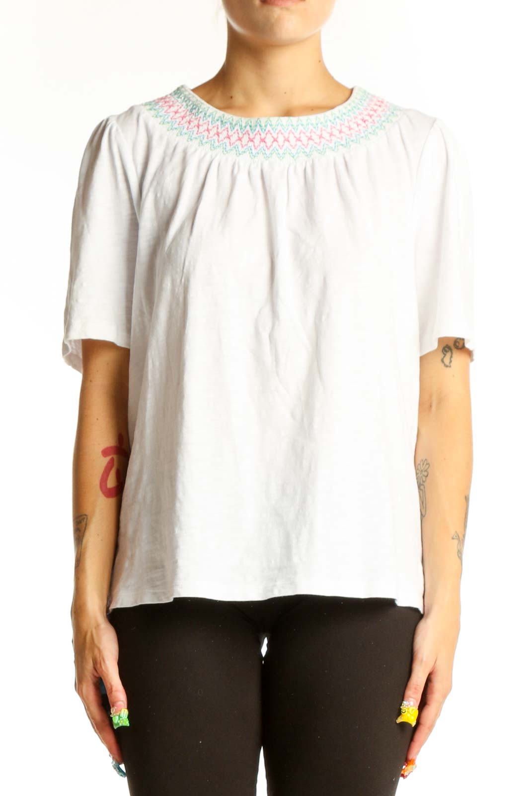 White Cotton Embroidered Neckline Top Front