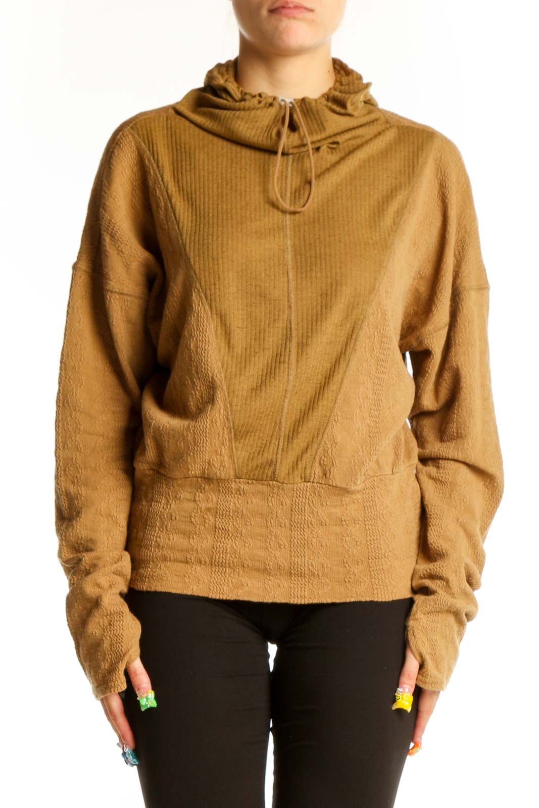Camel Ribbed Drawstring Hoodie Front