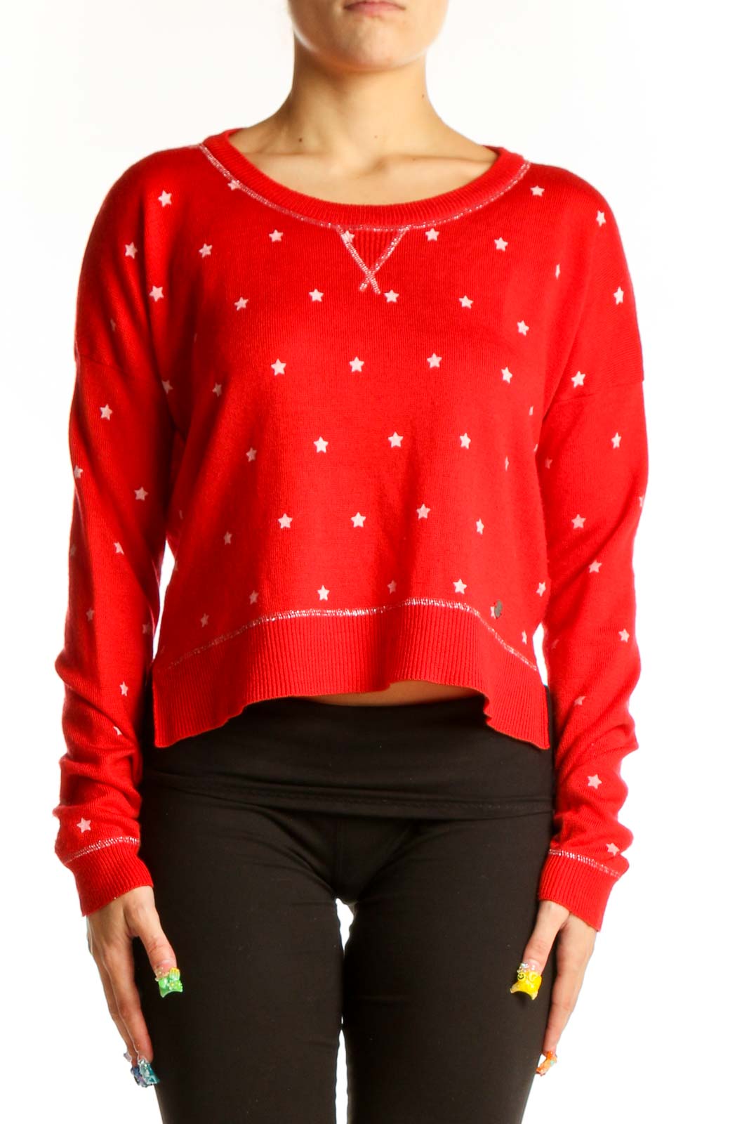 Red Star-Patterned Cropped Sweater Front