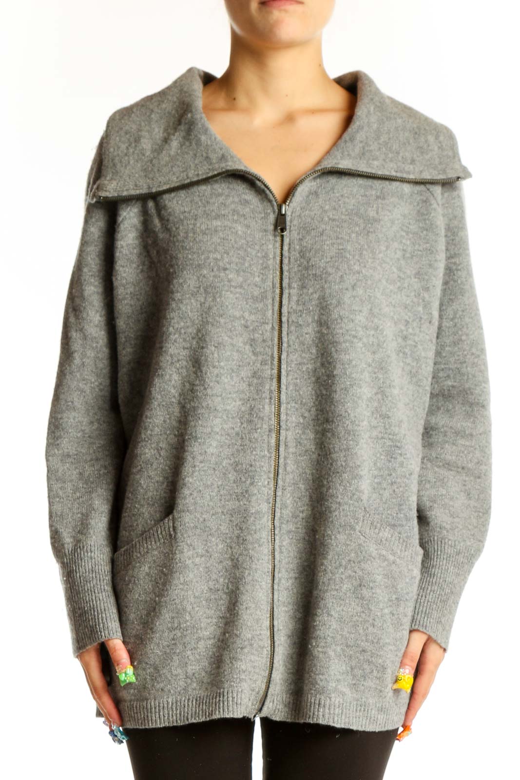 Gray Zip-Up Oversized Knit Cardigan Front