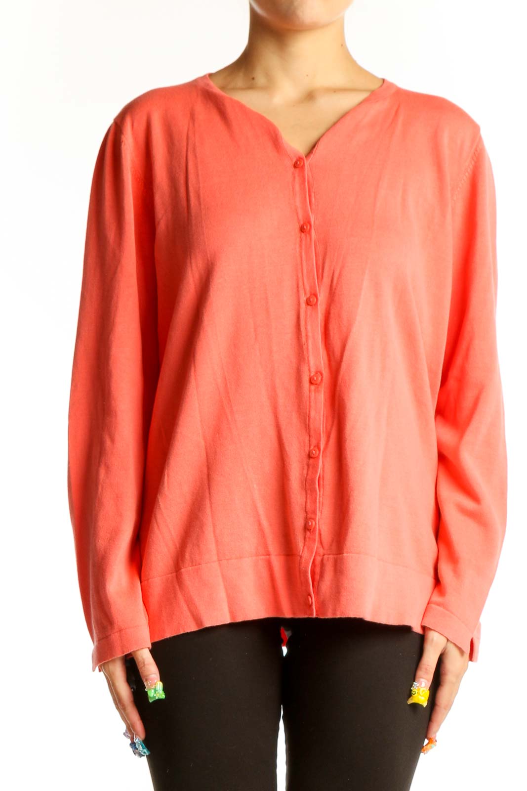 Coral Button-Up Cotton Knit Cardigan Front