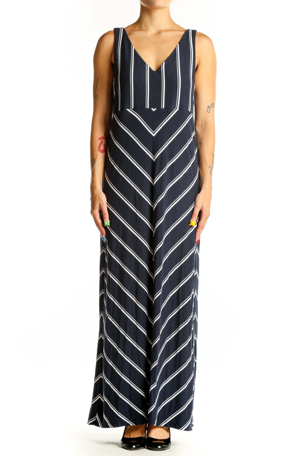 Navy Striped Maxi Dress Front