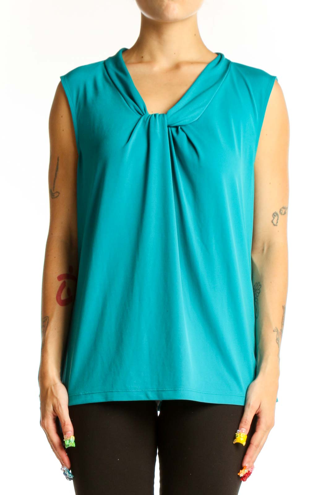 Teal Sleeveless V-Neck Twist Front Top Front